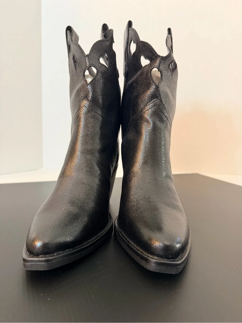 Black Shimmer Heart Shape Cutout Shaft Trim Western Ankle Booties Size 7